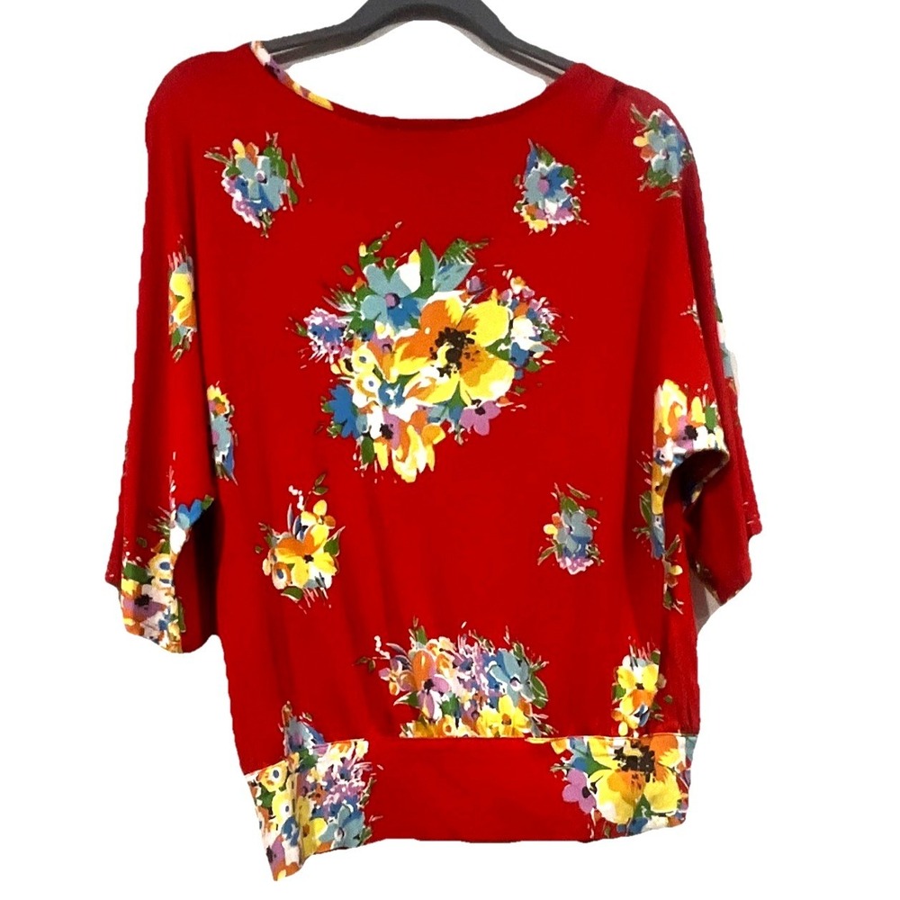 Lauren Ralph Lauren Red Floral Batwing Sleeve Side Tie Knit Top Small - Picture 2 of 6